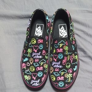 Vans Kids' Black Slip-On Sneakers with Neon Graphics